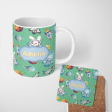 Personalized Custom Name Bunny Astronaut Cat Space Rockets Planets Stars Seamless Green 11oz Ceramic Coffee Tea Mug White Large Handle