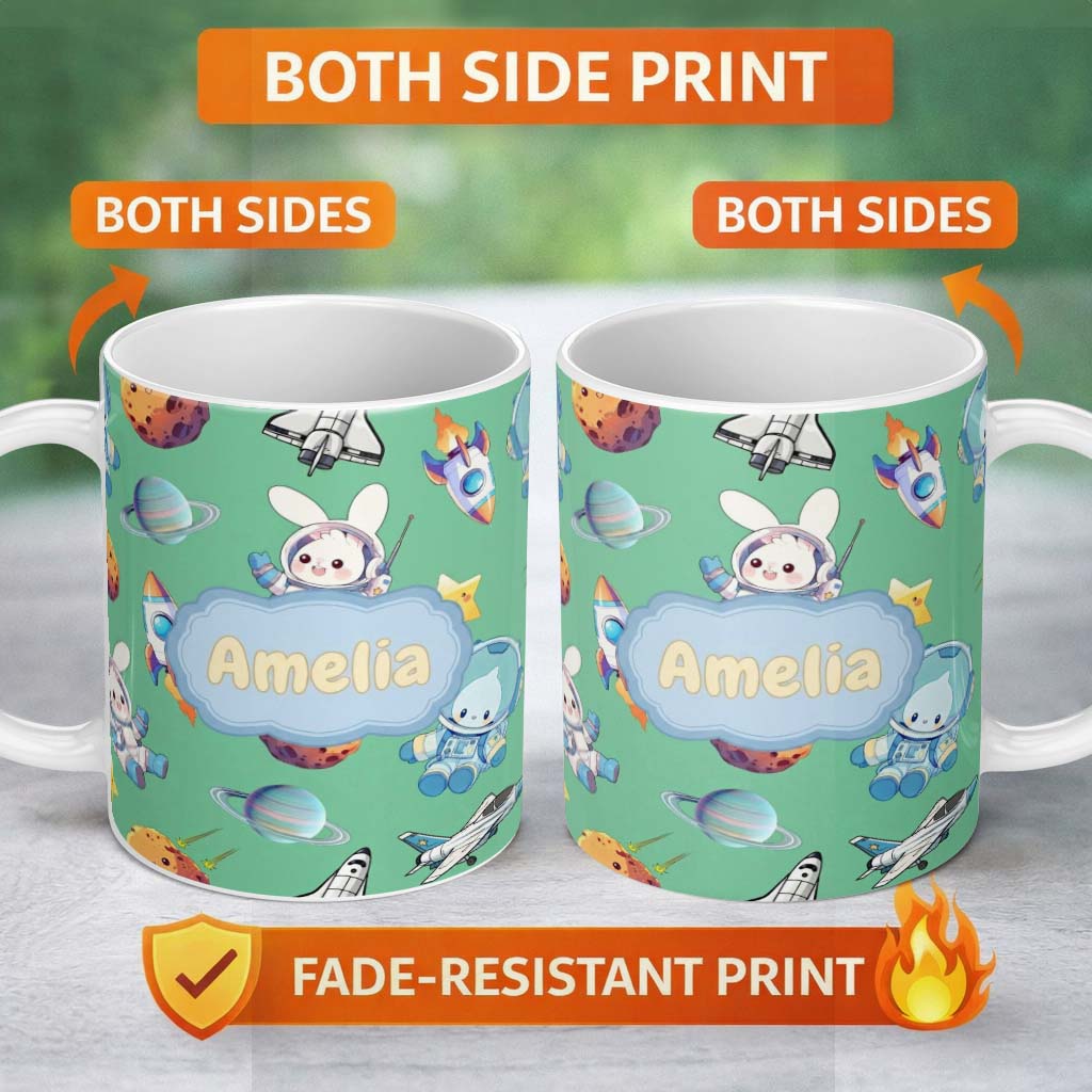 Personalized Custom Name Bunny Astronaut Cat Space Rockets Planets Stars Seamless Green 11oz Ceramic Coffee Tea Mug White Large Handle