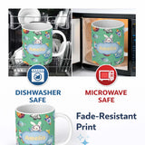 Personalized Custom Name Bunny Astronaut Cat Space Rockets Planets Stars Seamless Green 11oz Ceramic Coffee Tea Mug White Large Handle