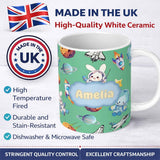 Personalized Custom Name Bunny Astronaut Cat Space Rockets Planets Stars Seamless Green 11oz Ceramic Coffee Tea Mug White Large Handle