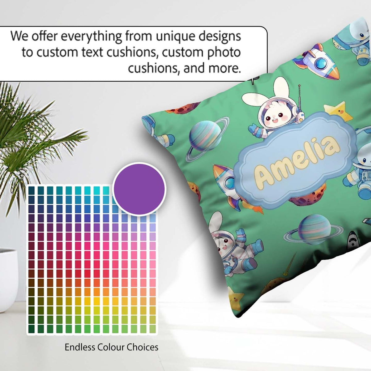 Custom Name Bunny Cat Space Rockets Planets Stars Seamless Green Square Filled Cushion Throw Pillow Sofa Bed Home Decor Zip Washable UK Made
