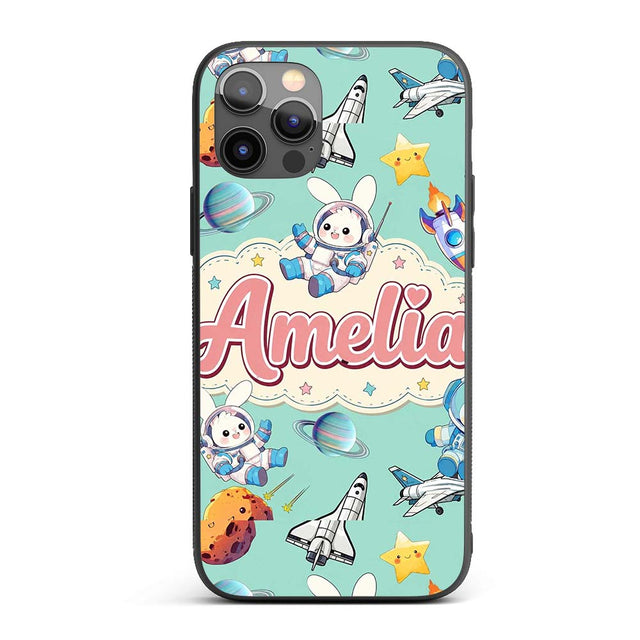 Bunny Astronaut Cat Space Rockets Planets Stars Custom Name Protective Phone Case Mobile Cover Durable Everyday Smartphone Shock Resistant