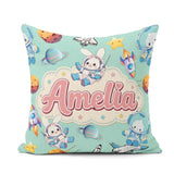 Custom Name Bunny Astronaut Cat Space Rockets Planets Stars Teal Square Filled Cushion Throw Pillow Sofa Bed Home Decor Zip Washable UK Made