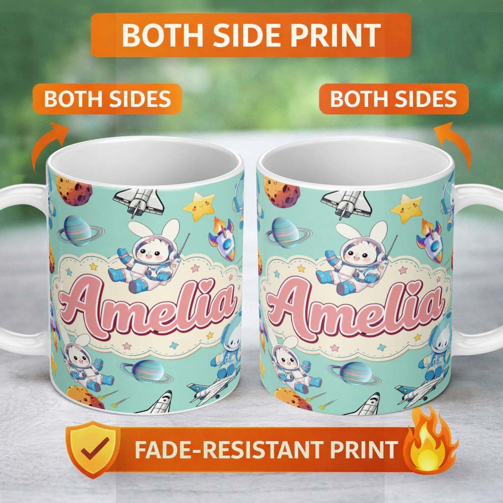 Personalized Custom Name Bunny Astronaut Cat Space Rockets Planets Stars Seamless Teal 11oz Ceramic Coffee Tea Mug White Large Handle