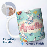 Personalized Custom Name Bunny Astronaut Cat Space Rockets Planets Stars Seamless Teal 11oz Ceramic Coffee Tea Mug White Large Handle