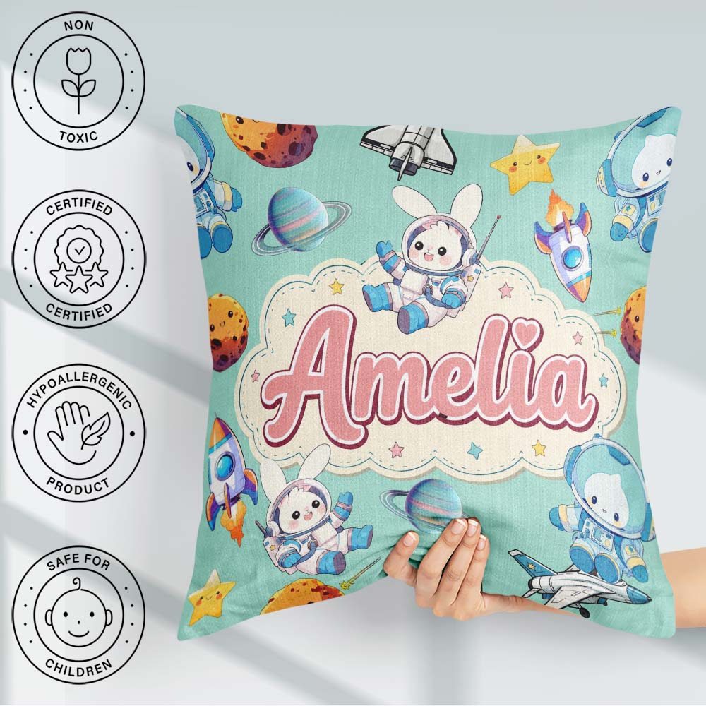 Custom Name Bunny Astronaut Cat Space Rockets Planets Stars Teal Square Filled Cushion Throw Pillow Sofa Bed Home Decor Zip Washable UK Made