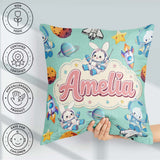 Custom Name Bunny Astronaut Cat Space Rockets Planets Stars Teal Square Filled Cushion Throw Pillow Sofa Bed Home Decor Zip Washable UK Made