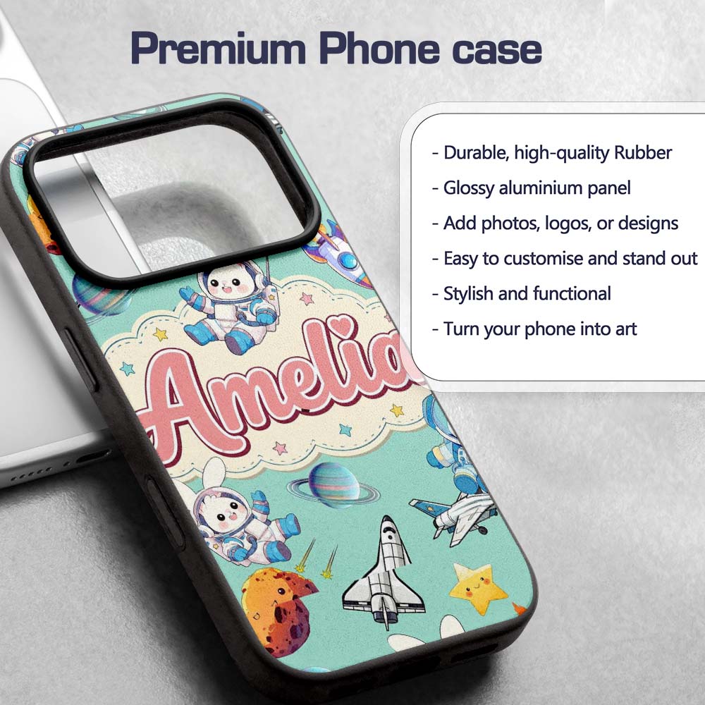 Bunny Astronaut Cat Space Rockets Planets Stars Custom Name Protective Phone Case Mobile Cover Durable Everyday Smartphone Shock Resistant