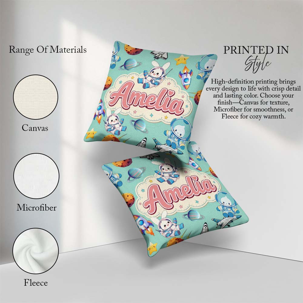 Custom Name Bunny Astronaut Cat Space Rockets Planets Stars Teal Square Filled Cushion Throw Pillow Sofa Bed Home Decor Zip Washable UK Made