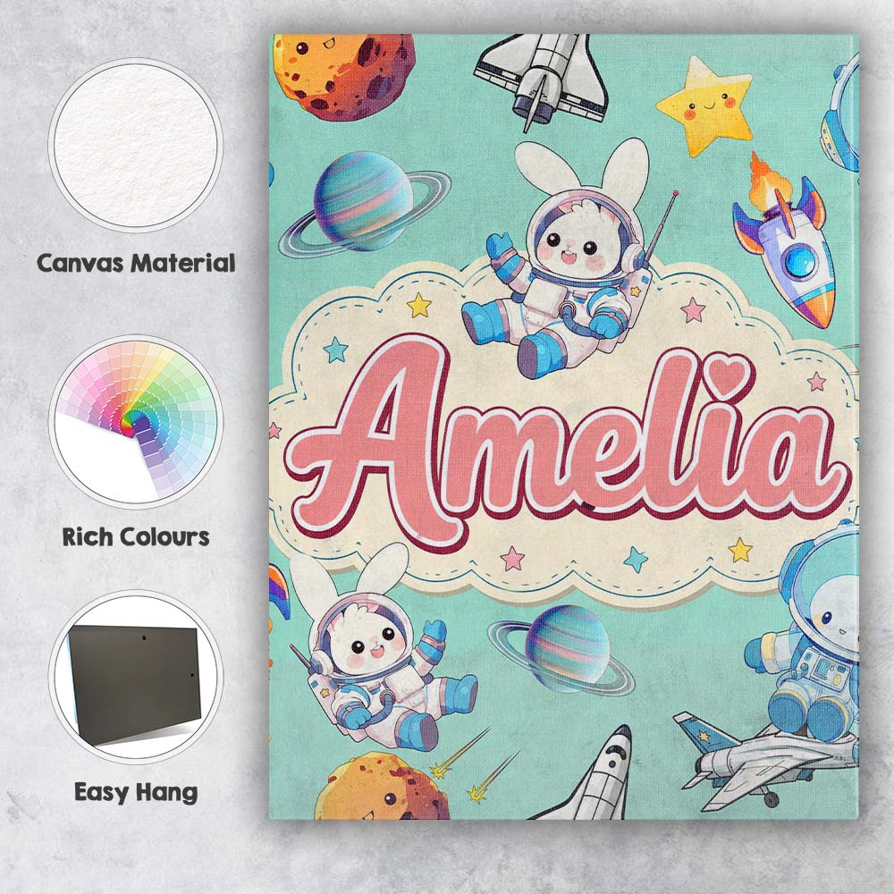 Personalised Name Bunny Astronaut Cat Space Custom  Bespoke Interior Contemporary Canvas Wall Art Print Decor Picture Ready to Hang
