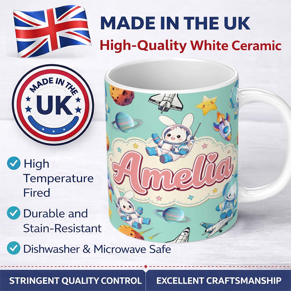 Personalized Custom Name Bunny Astronaut Cat Space Rockets Planets Stars Seamless Teal 11oz Ceramic Coffee Tea Mug White Large Handle