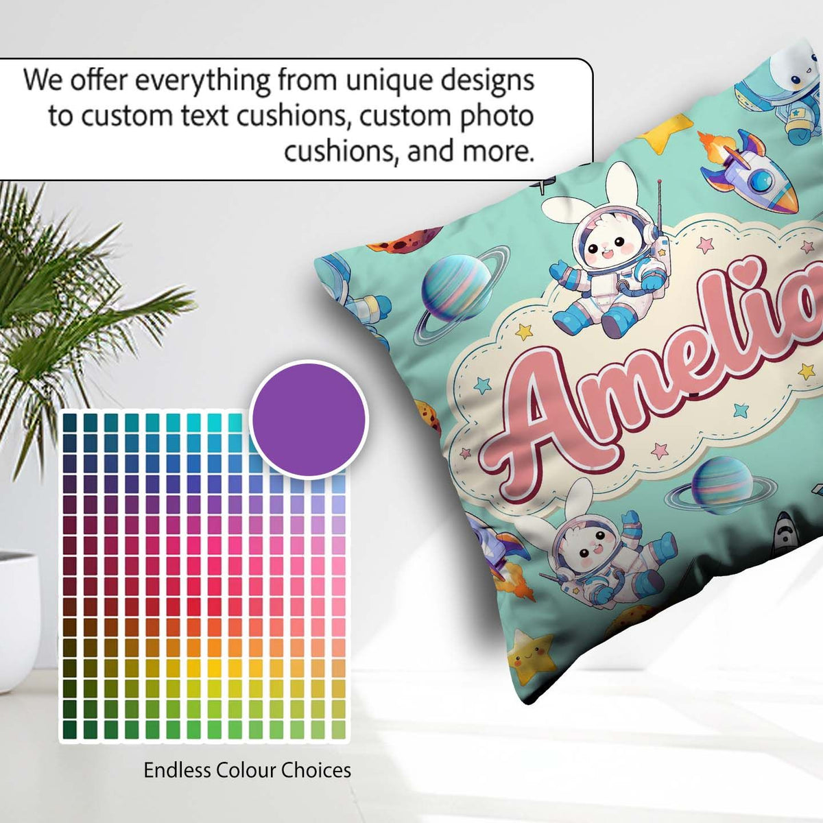 Custom Name Bunny Astronaut Cat Space Rockets Planets Stars Teal Square Filled Cushion Throw Pillow Sofa Bed Home Decor Zip Washable UK Made
