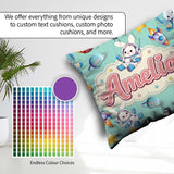 Custom Name Bunny Astronaut Cat Space Rockets Planets Stars Teal Square Filled Cushion Throw Pillow Sofa Bed Home Decor Zip Washable UK Made