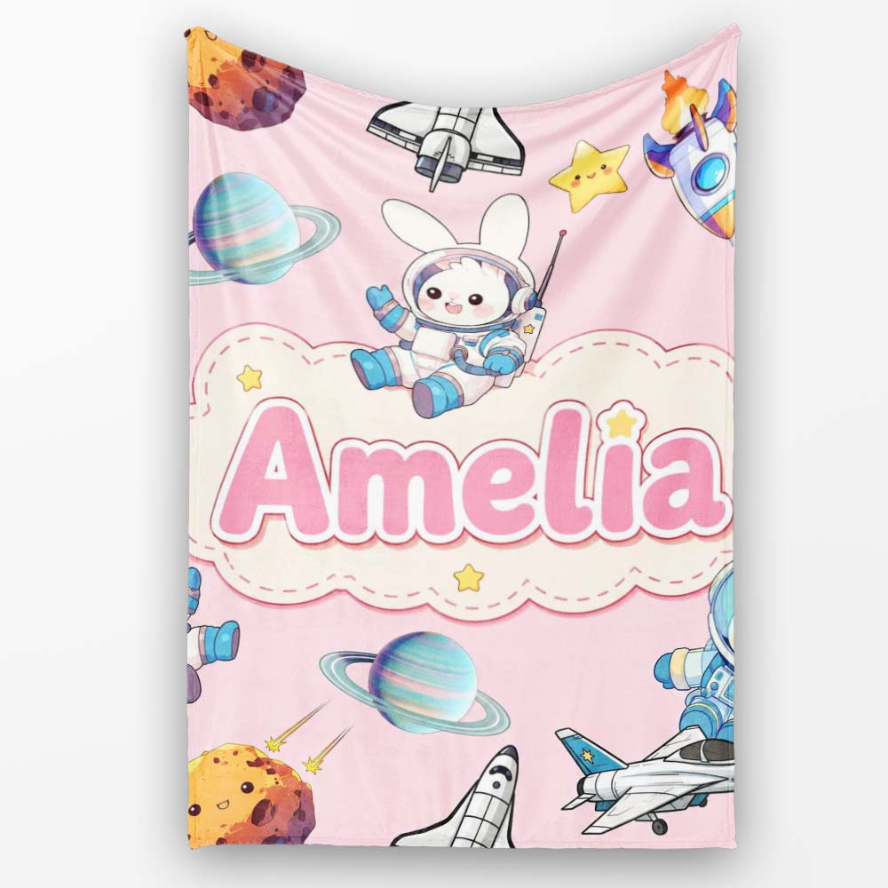 Bunny Astronaut Cat Space Rockets Planets Stars Seamless Pink  Personalised Custom Name Super Soft Fleece Blanket Bed Sofa Throw