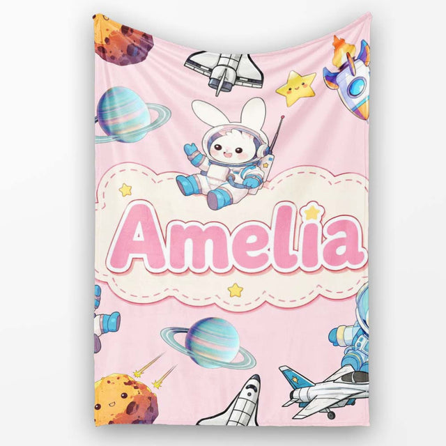 Bunny Astronaut Cat Space Rockets Planets Stars Seamless Pink  Personalised Custom Name Super Soft Fleece Blanket Bed Sofa Throw