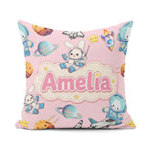 Custom Name Bunny Astronaut Cat Space Rockets Planets Stars Pink Square Filled Cushion Throw Pillow Sofa Bed Home Decor Zip Washable UK Made
