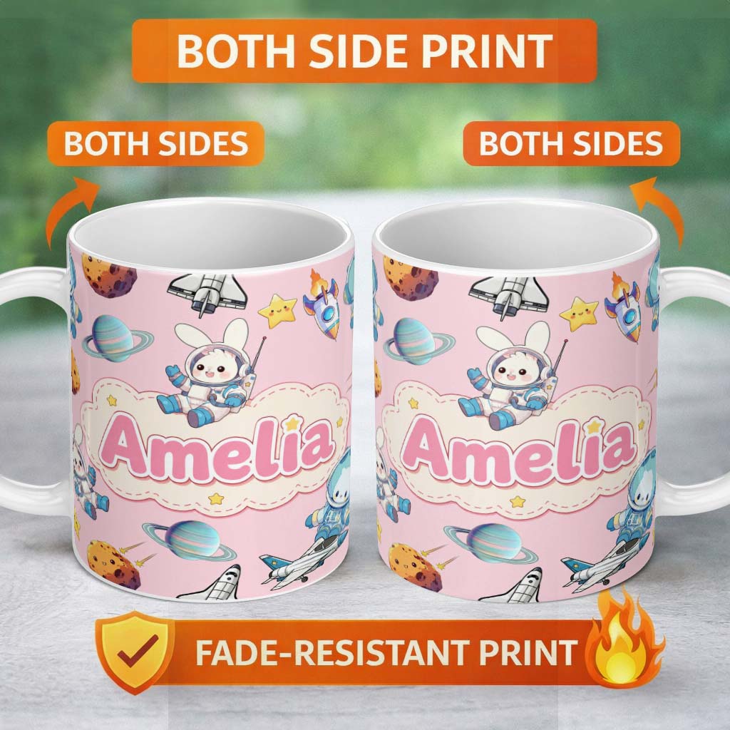 Personalized Custom Name Bunny Astronaut Cat Space Rockets Planets Stars Seamless Pink 11oz Ceramic Coffee Tea Mug White Large Handle