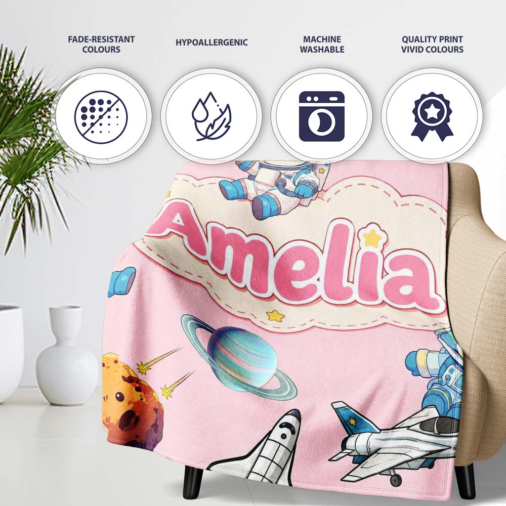 Bunny Astronaut Cat Space Rockets Planets Stars Seamless Pink  Personalised Custom Name Super Soft Fleece Blanket Bed Sofa Throw