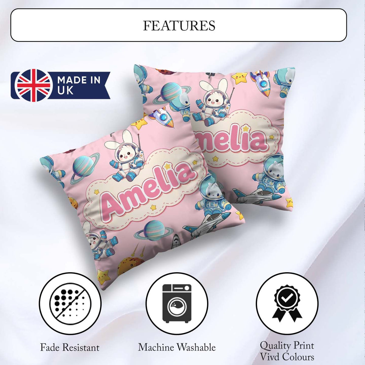 Custom Name Bunny Astronaut Cat Space Rockets Planets Stars Pink Square Filled Cushion Throw Pillow Sofa Bed Home Decor Zip Washable UK Made