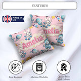 Custom Name Bunny Astronaut Cat Space Rockets Planets Stars Pink Square Filled Cushion Throw Pillow Sofa Bed Home Decor Zip Washable UK Made