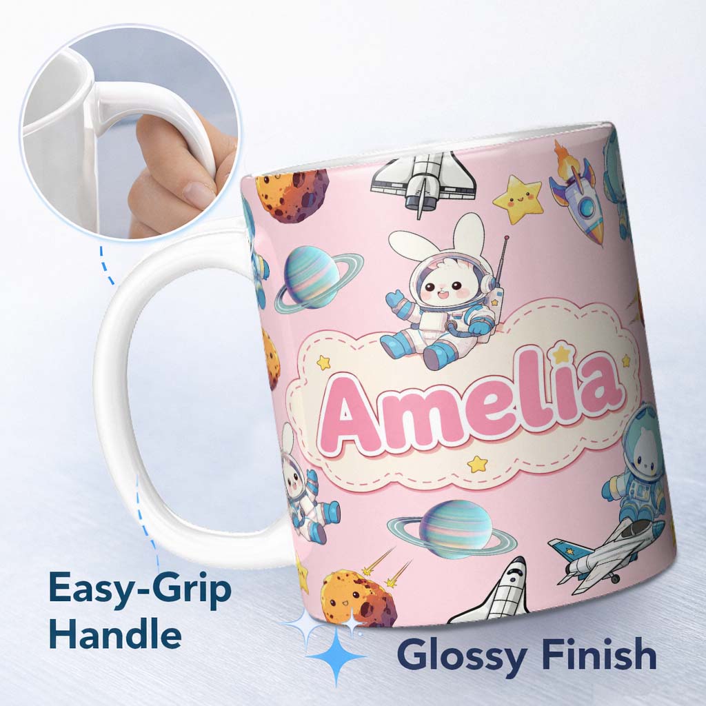 Personalized Custom Name Bunny Astronaut Cat Space Rockets Planets Stars Seamless Pink 11oz Ceramic Coffee Tea Mug White Large Handle
