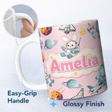 Personalized Custom Name Bunny Astronaut Cat Space Rockets Planets Stars Seamless Pink 11oz Ceramic Coffee Tea Mug White Large Handle
