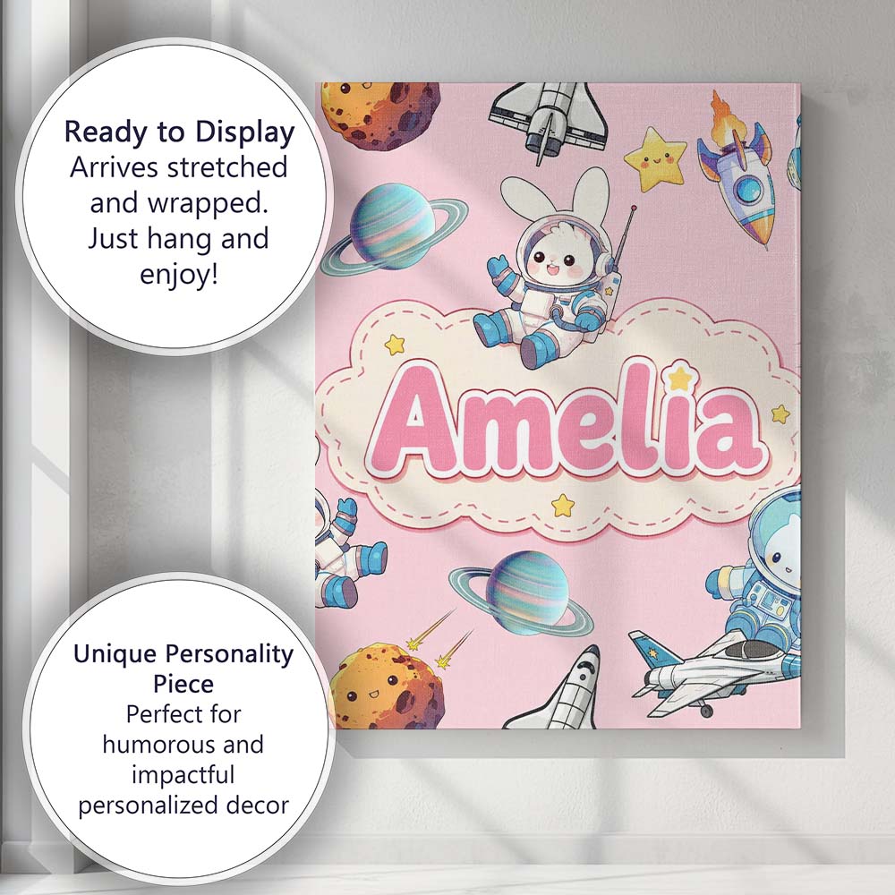 Personalised Name Bunny Astronaut Cat Space Custom  Bespoke Interior Contemporary Canvas Wall Art Print Decor Picture Ready to Hang