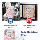 Personalized Custom Name Bunny Astronaut Cat Space Rockets Planets Stars Seamless Pink 11oz Ceramic Coffee Tea Mug White Large Handle