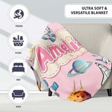 Bunny Astronaut Cat Space Rockets Planets Stars Seamless Pink  Personalised Custom Name Super Soft Fleece Blanket Bed Sofa Throw