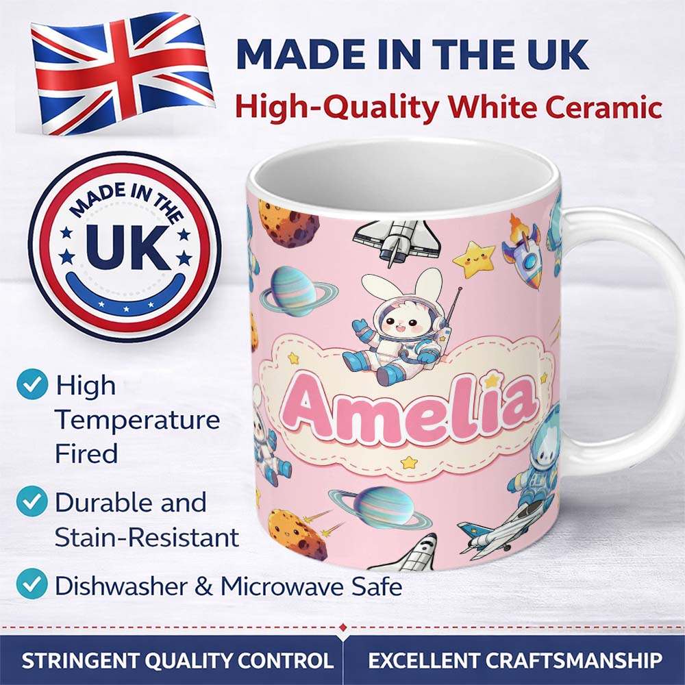Personalized Custom Name Bunny Astronaut Cat Space Rockets Planets Stars Seamless Pink 11oz Ceramic Coffee Tea Mug White Large Handle