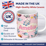Personalized Custom Name Bunny Astronaut Cat Space Rockets Planets Stars Seamless Pink 11oz Ceramic Coffee Tea Mug White Large Handle