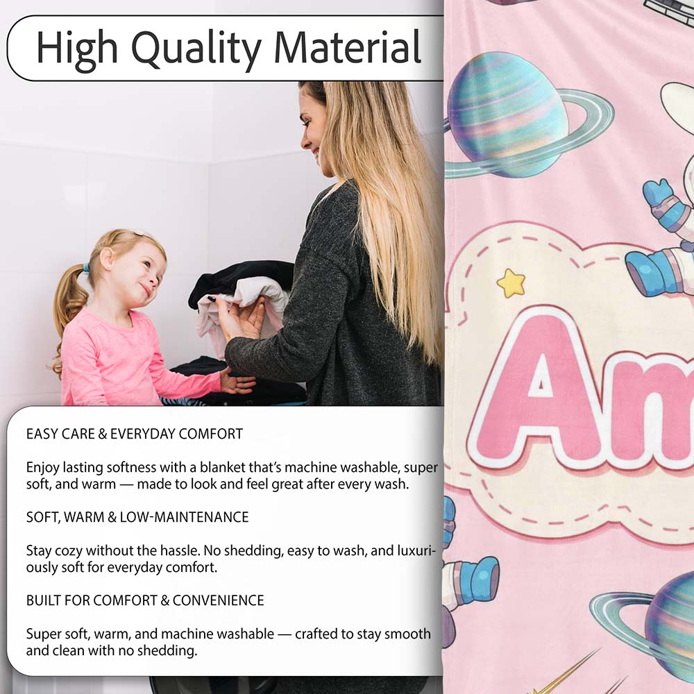 Bunny Astronaut Cat Space Rockets Planets Stars Seamless Pink  Personalised Custom Name Super Soft Fleece Blanket Bed Sofa Throw