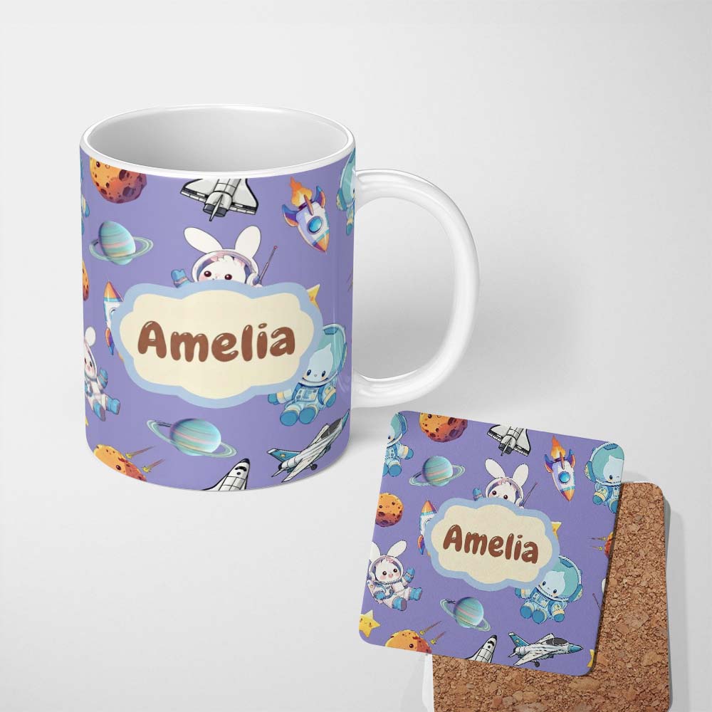 Personalized Custom Name Bunny Astronaut Cat Space Rockets Planets Stars Seamless Purple 11oz Ceramic Coffee Tea Mug White Large Handle