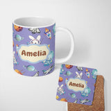 Personalized Custom Name Bunny Astronaut Cat Space Rockets Planets Stars Seamless Purple 11oz Ceramic Coffee Tea Mug White Large Handle