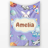 Bunny Astronaut Cat Space Rockets Planets Stars Seamless Purple  Personalised Custom Name Super Soft Fleece Blanket Bed Sofa Throw