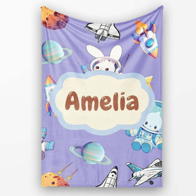 Bunny Astronaut Cat Space Rockets Planets Stars Seamless Purple  Personalised Custom Name Super Soft Fleece Blanket Bed Sofa Throw