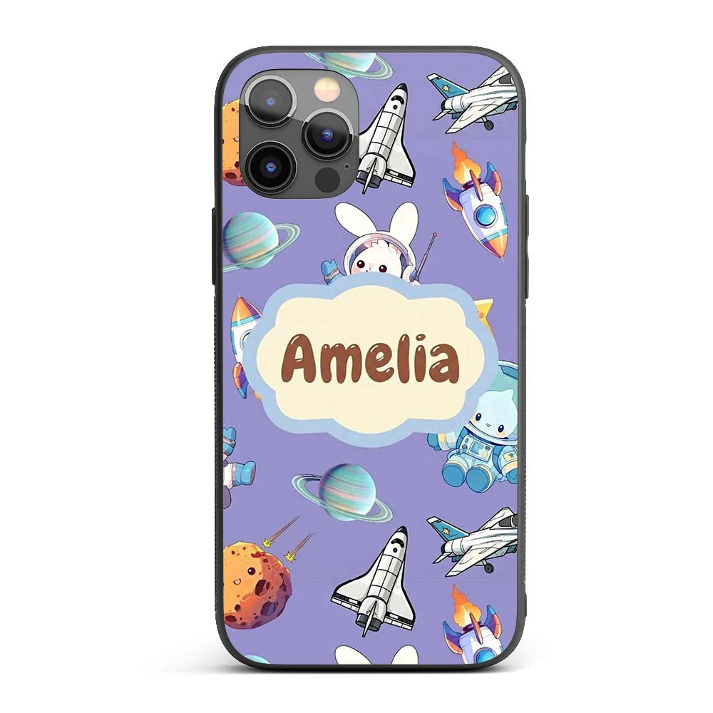 Bunny Astronaut Cat Space Rockets Planets Stars Custom Name Protective Phone Case Mobile Cover Durable Everyday Smartphone Shock Resistant