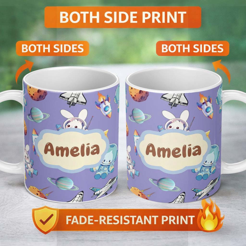 Personalized Custom Name Bunny Astronaut Cat Space Rockets Planets Stars Seamless Purple 11oz Ceramic Coffee Tea Mug White Large Handle