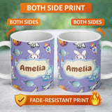 Personalized Custom Name Bunny Astronaut Cat Space Rockets Planets Stars Seamless Purple 11oz Ceramic Coffee Tea Mug White Large Handle