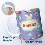 Personalized Custom Name Bunny Astronaut Cat Space Rockets Planets Stars Seamless Purple 11oz Ceramic Coffee Tea Mug White Large Handle