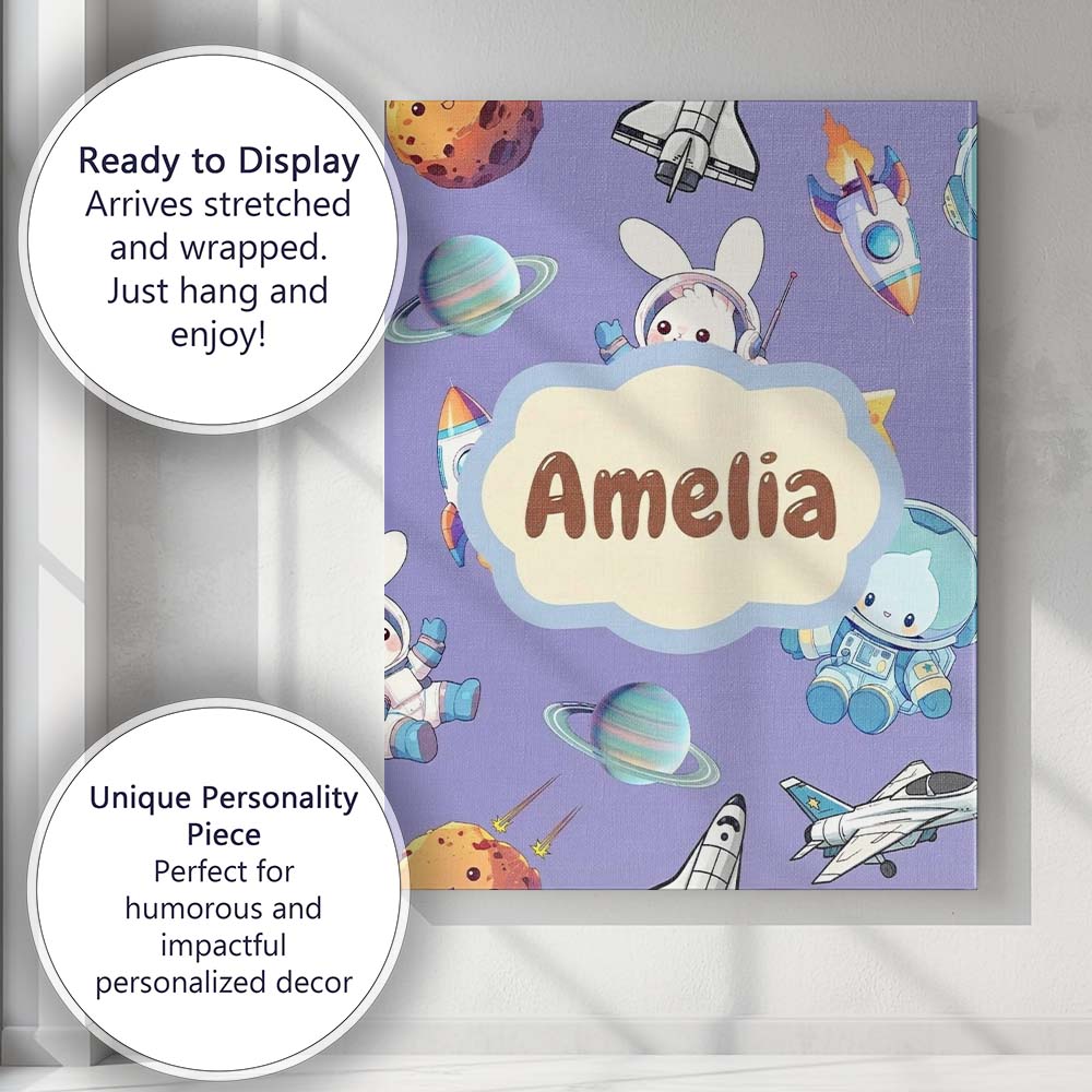 Personalised Name Bunny Astronaut Cat Space Custom  Bespoke Interior Contemporary Canvas Wall Art Print Decor Picture Ready to Hang