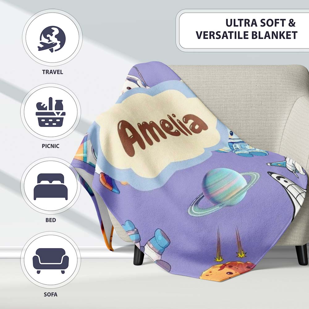 Bunny Astronaut Cat Space Rockets Planets Stars Seamless Purple  Personalised Custom Name Super Soft Fleece Blanket Bed Sofa Throw