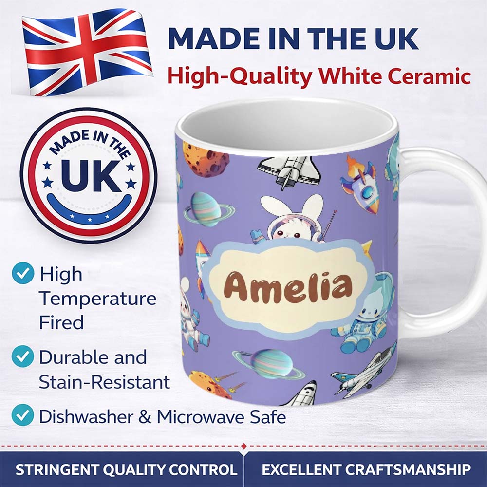 Personalized Custom Name Bunny Astronaut Cat Space Rockets Planets Stars Seamless Purple 11oz Ceramic Coffee Tea Mug White Large Handle