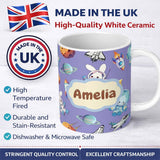 Personalized Custom Name Bunny Astronaut Cat Space Rockets Planets Stars Seamless Purple 11oz Ceramic Coffee Tea Mug White Large Handle