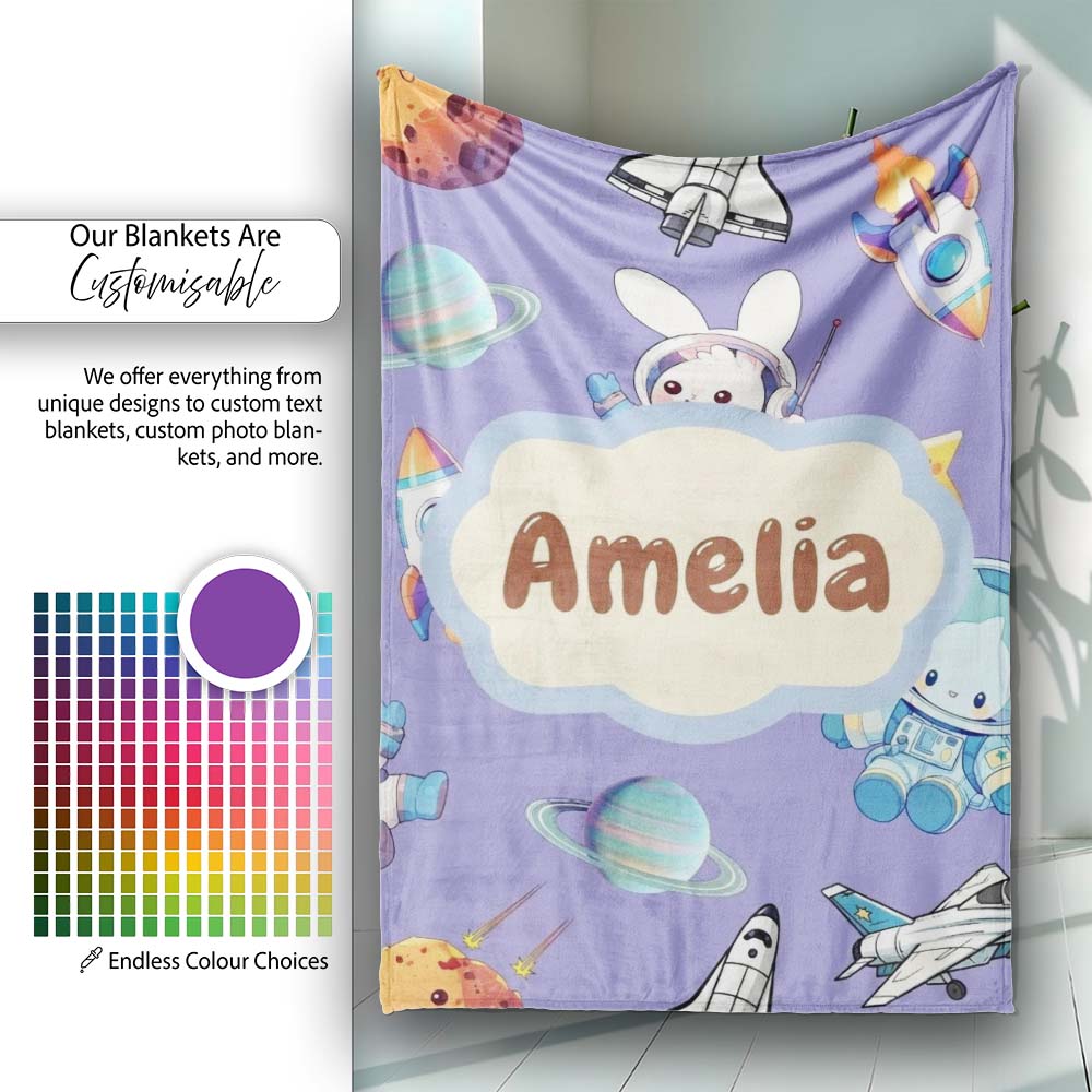 Bunny Astronaut Cat Space Rockets Planets Stars Seamless Purple  Personalised Custom Name Super Soft Fleece Blanket Bed Sofa Throw