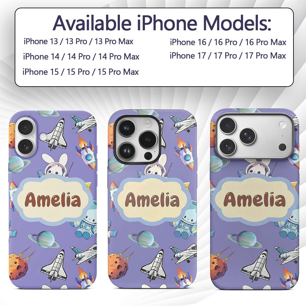 Bunny Astronaut Cat Space Rockets Planets Stars Custom Name Protective Phone Case Mobile Cover Durable Everyday Smartphone Shock Resistant
