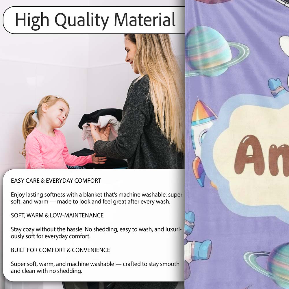 Bunny Astronaut Cat Space Rockets Planets Stars Seamless Purple  Personalised Custom Name Super Soft Fleece Blanket Bed Sofa Throw