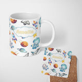 Personalized Custom Name Bunny Astronaut Cat Space Rockets Planets Stars Seamless Grey 11oz Ceramic Coffee Tea Mug White Large Handle