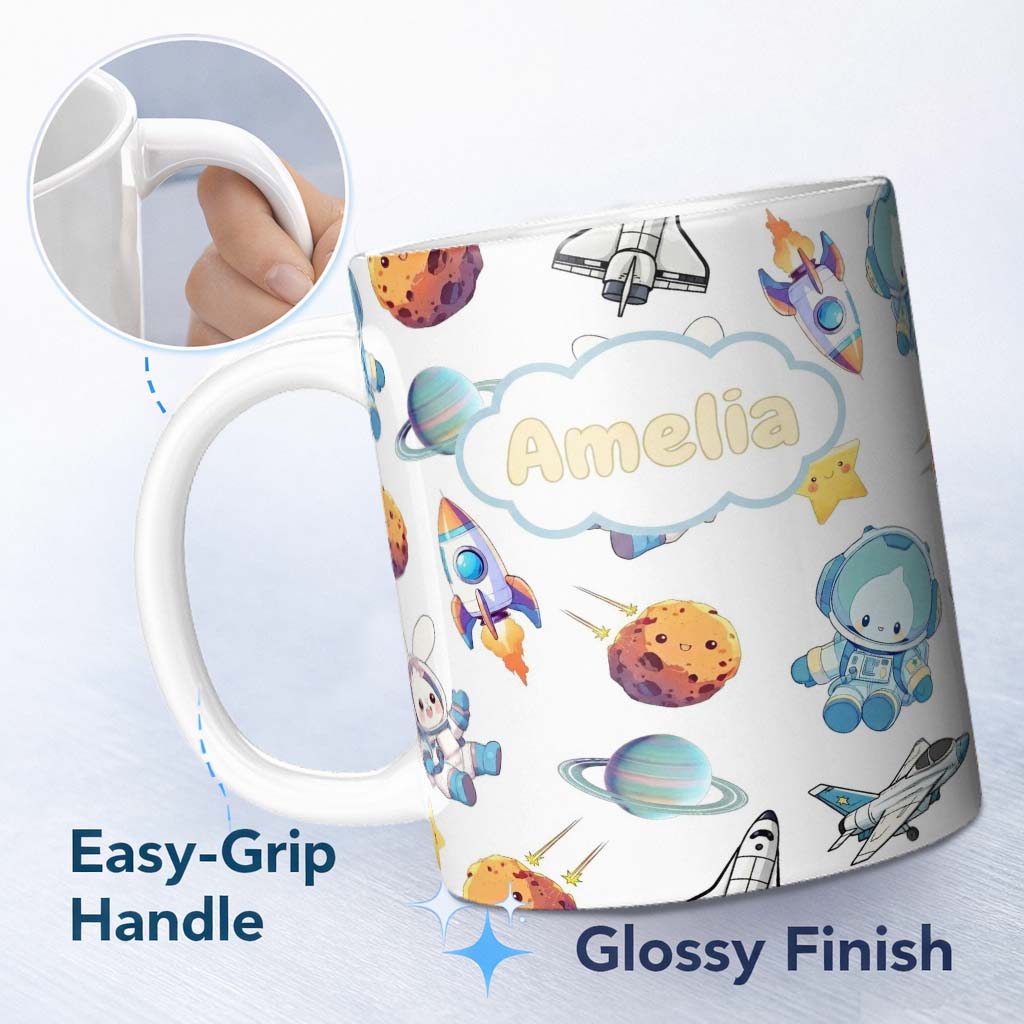 Personalized Custom Name Bunny Astronaut Cat Space Rockets Planets Stars Seamless Grey 11oz Ceramic Coffee Tea Mug White Large Handle