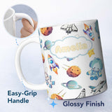 Personalized Custom Name Bunny Astronaut Cat Space Rockets Planets Stars Seamless Grey 11oz Ceramic Coffee Tea Mug White Large Handle